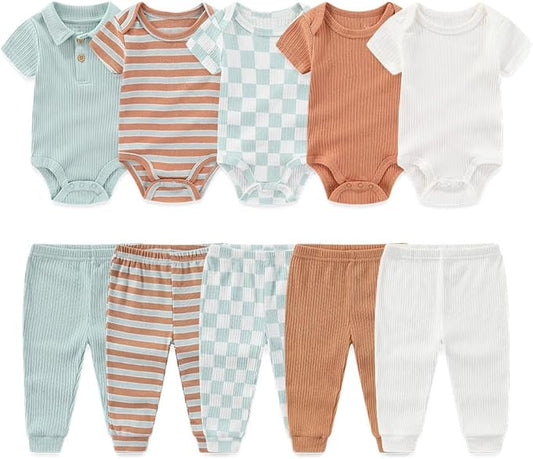 Kiddiezoom Newborn Baby Layette Set 10-Piece with Bodysuits and Pants Set for Unisex Baby Gift Sets