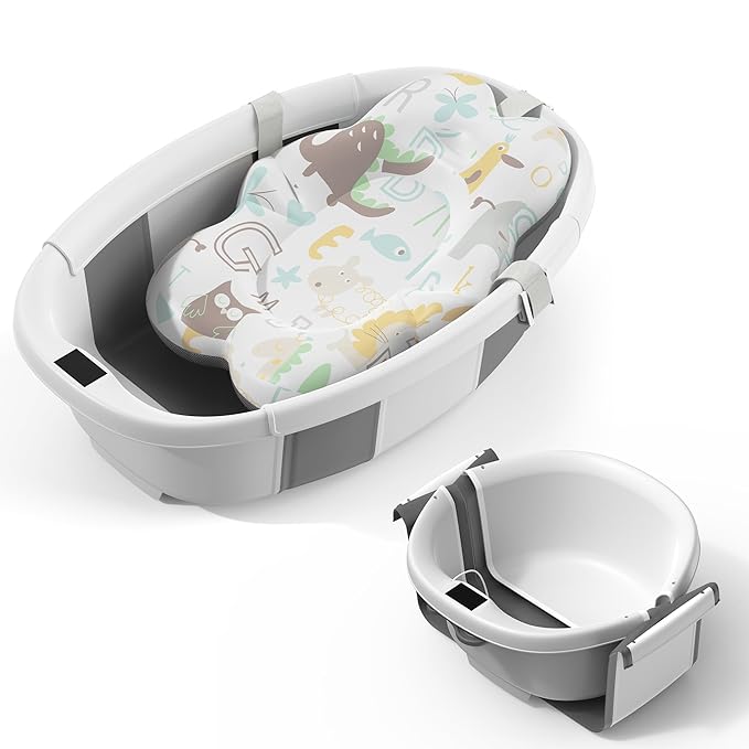 Collapsible Baby Bathtub, 3s to Install, Baby Bath Tub with Soft Cushion & Thermometer, 0-36 Months Newborn Bathtub, Portable Travel Baby Tub, Grey
