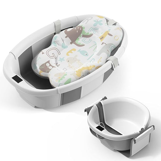 Collapsible Baby Bathtub, 3s to Install, Baby Bath Tub with Soft Cushion & Thermometer, 0-36 Months Newborn Bathtub, Portable Travel Baby Tub, Grey