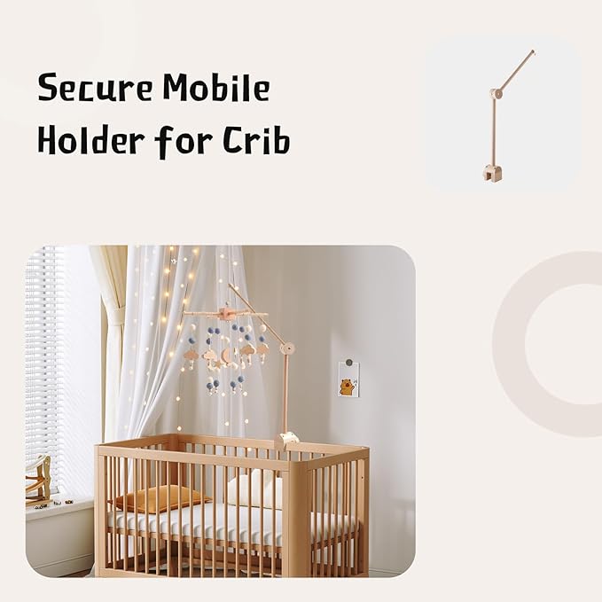 Natural Wooden Crib Mobile Arm - 360° Adjustable Mobile Arm for Crib, Sturdy Mobile Holder for Crib with Anti-Slip Design, Safe Mobile Hanger for Crib Attachment, Nursery Decor for Baby Boy & Girl