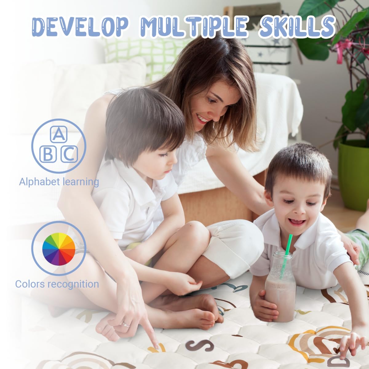 Boho Rainbow Baby Play Mat 50" X 50" Playpen Mat Thicken One-Piece Baby Crawling Mat Non-Slip Cushioned Baby Floor Mat with Lettters, Activity Playmats for Infants, Babies, Toddlers (50X50,Beige)