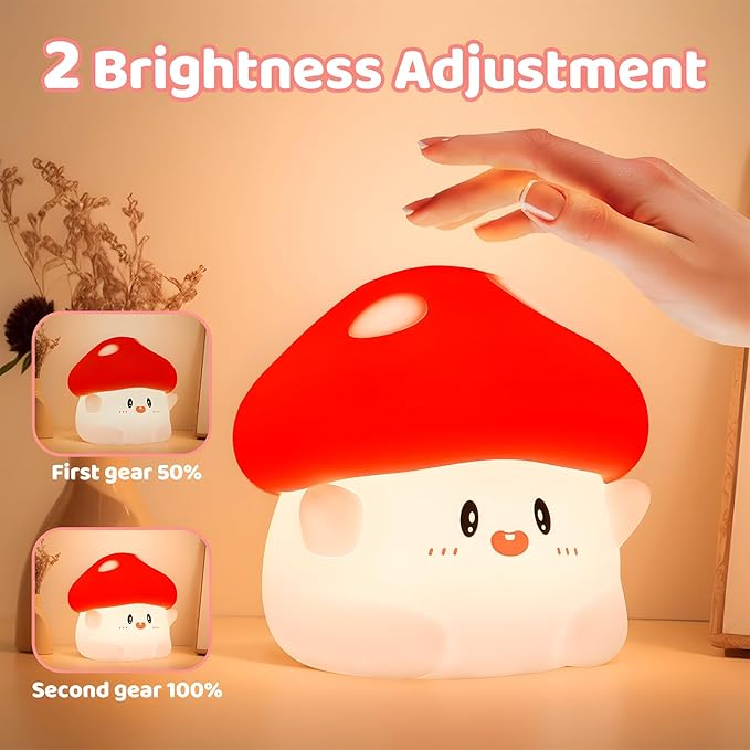 Mushroom Night Light,LED Cute Silicone Squishy Lamp Rechargeable Nursery Nightlight with 2 Level Dimmable Bedside Touch Lamp for Bedroom Kids Room Mushroom Decor Gifts