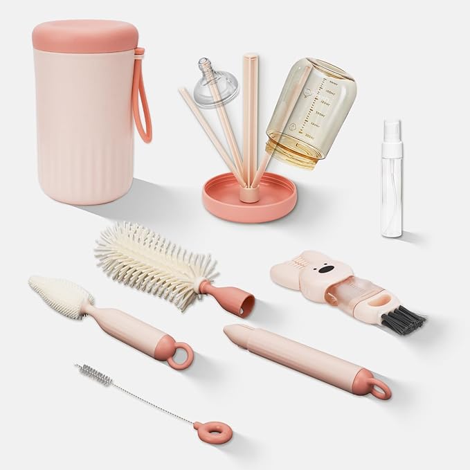 Travel Bottle Cleaner kit, 7 in1 Electric Baby Bottle Brush Cleaner Set with Silicone Brushes, Soap Dispenser, Drying Rack, Storage Box and Gap Cleaning Brush for Home Picnic Travel Outdoo
