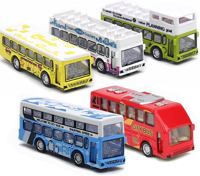 KIDAMI Die Cast Metal Toy Cars Buses Set, 1:64 Scale Double Decker City Bus Vehicles, Pull Back Cars with Openable Doors for Toddlers Boys Girls Birthday Gift
