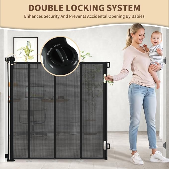 47” Extra Tall Retractable Baby Gate, Reinforced Mesh Dog Gate Extends to 59" Wide, Baby Gate for Stairs, Doorways, Hallways, Indoor and Outdoor, Black