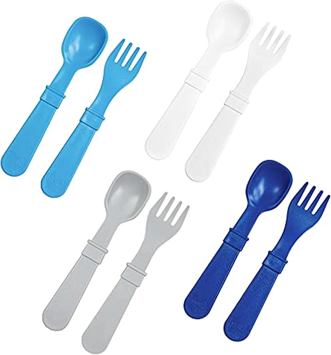 Re-Play Toddler Forks and Spoons Set - 4x4 Utensils Set for Kids - Dishwasher and Microwave Safe - Made in USA - Pack of 8-5.8" x 1.2" x 0.2" - Modern Blue