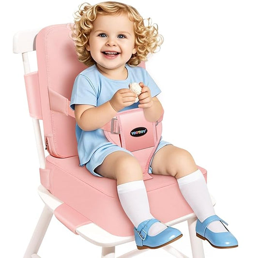 Toddler Booster Seat for Kitchen Chair, 2-in-1 Dining Table Booster Seat with Backrest & Adjustable Straps – Easy-Clean, PU Portable Toddler Eating Travel Increasing Cushion - Pink