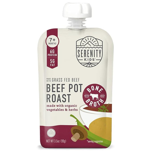 Serenity Kids Bone Broth Puree Made With Organic Veggies | Clean Label Project Purity Award Certified | 3.5 Ounce BPA-Free Pouch | Grass Fed Beef Pot Roast | 1 Count