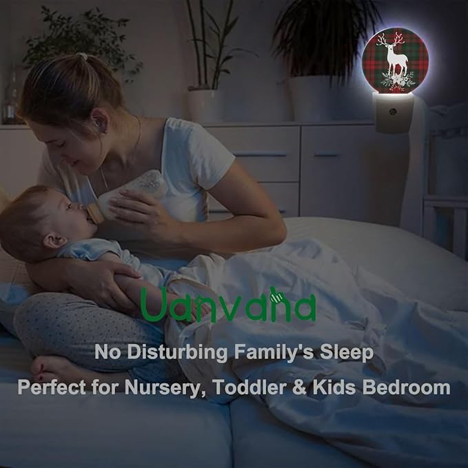 Tartan Checkered Plaid Nightlights Plug-in Reindeer with Christmas Bouquet Floral, Red Green Night Light Auto Dusk-to-Dawn Sensor Lamp for Boys Girls Bedroom Playroom, LEDLAMP3027