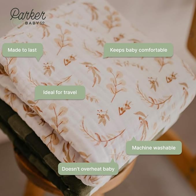 Parker Baby Muslin Blanket | 100% Soft Cotton Toddler Quilt & Baby Muslin Swaddle | Gender Neutral Design 47" x 47" Blanket