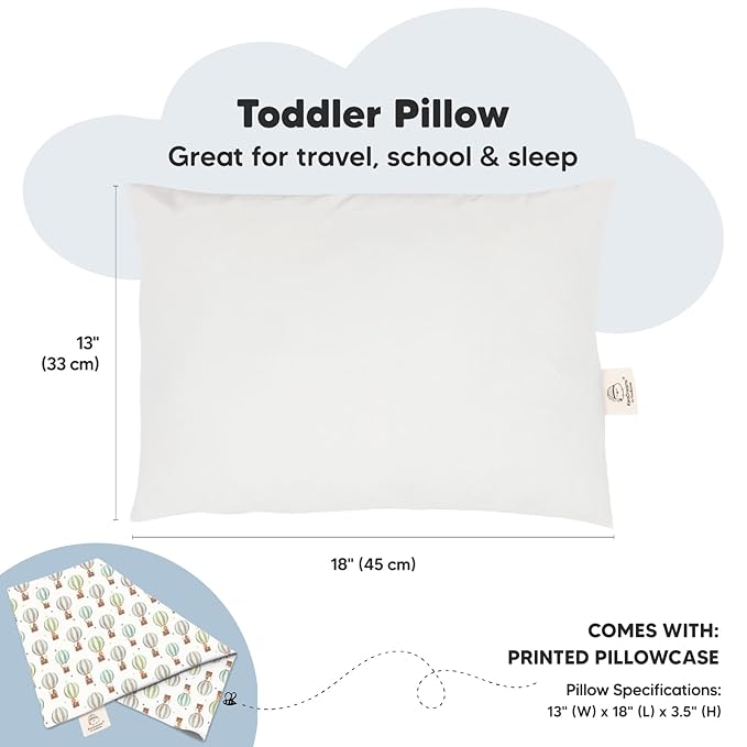 Toddler Pillow with Pillowcase - 13x18 My Little Dreamy Kids Travel Bed Pillows for Sleeping, Organic Cotton Small Pillowcase, Soft & Breathable, Machine Washable, Toddlers 2-5 (Hot Air Balloon)