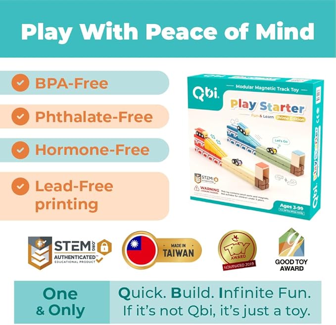 QBI Magnetic Blocks Play Starter Set｜4-in-1 STEM Building Blocks with 4 Cars & 3D Track Tiles｜Educational Sensory Magnet Toys｜Preschool Montessori Toys for Kids Ages 3-5-8 Year Old Boys and Girls
