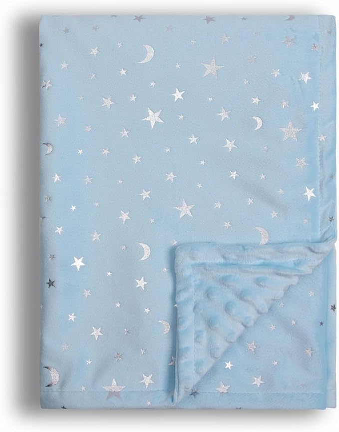 Baby Blanket for Boys Girls Soft Minky with Double Layer Dotted Backing, Star and Moon Printed 30 x 40 Inch Receiving Blanket (Blue)