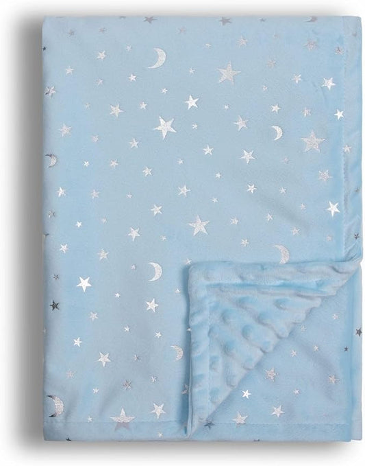 Baby Blanket for Boys Girls Soft Minky with Double Layer Dotted Backing, Star and Moon Printed 30 x 40 Inch Receiving Blanket (Blue)