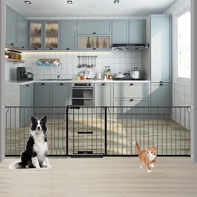 Extra Wide Dog Gates for Doorways 100"-109.45" Extra Wide Dog Gate with Door,Baby Gate with Cat Door Pressure Mounted Pet Gate