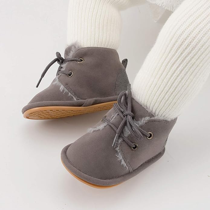 Baby Unisex Warm Snow Boots Newborn Leather Fur Lace Up Ankle Anti-Slip Rubber Texture Sole Toddler Prewalker Winter Crib Shoes
