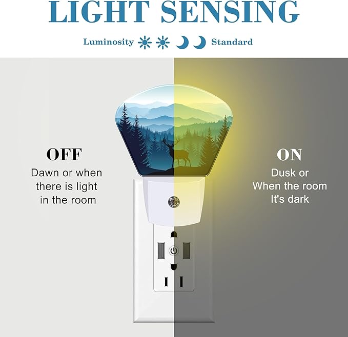 Blue Misty Mountains Plug in Night Lights, Deer Nightlight Plug Into Wall Dusk to Dawn Sensor for Kid Girls Boys Women Men Bedroom, Hallway, Kitchen, Bathroom, Stairs Decor