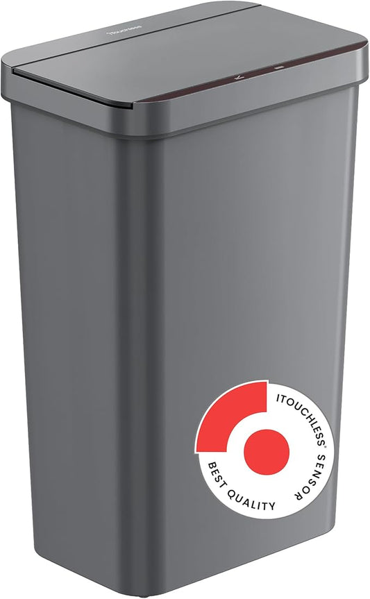 iTouchless Prime 13.2 Gallon Sensor Trash Can, Slim and Space-Saving, Durable Dent-Proof Construction, Automatic Bin Gray Color Great for Kitchen, Home, Office, Business, Garage, Plastic