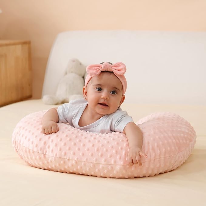 Nursing Pillow and Positioner, Breastfeeding, Bottle Feeding, Baby Sitting Support with Removable Ultra Soft Cover, Tummy Time Support for Baby Boys and Girls (Lightpink)