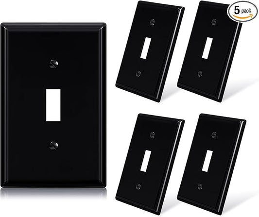 ELEGRP 1-Gang Mid Size Toggle Switch Covers, Light Switch Wall Plate, Unbreakable Polycarbonate Replacement Faceplates Covers, UL Listed, Color-matched Screws Included (5 Pack, Glossy Black)