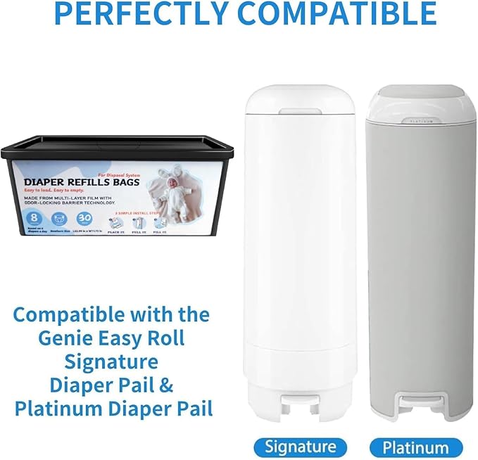 Diaper Pail Refills Bags with 30 Bags, Compatible with Genie Easy Roll Signature Diaper Pail and Platinum Diaper Pail, 7-Layer Odor-Barrier Technology, 4 Pack (120 Bag)