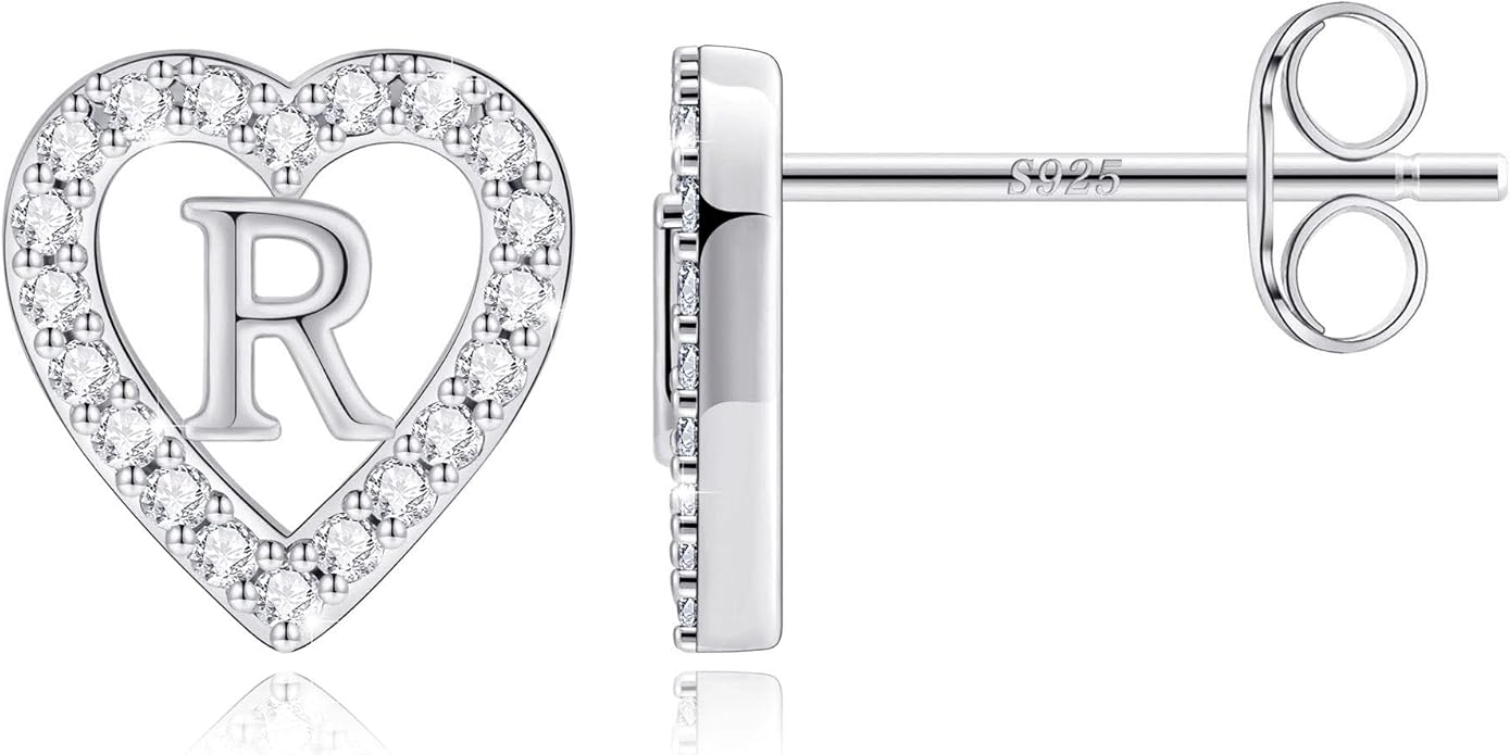 Anoup Christmas Gifts for Grandkids Girls Earrings - S925 Sterling Silver Post CZ Hypoallergenic Stud Heart Initial Earrings for Women Kids Jewelry Stocking Stuffers for Teen Girls Birthday Gifts