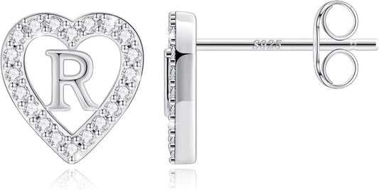 Anoup Christmas Gifts for Grandkids Girls Earrings - S925 Sterling Silver Post CZ Hypoallergenic Stud Heart Initial Earrings for Women Kids Jewelry Stocking Stuffers for Teen Girls Birthday Gifts