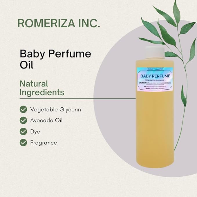 ROMERIZA INC.Baby Essential Fragrance Body Oil – Luxury Unisex Baby Oil Perfume with Long Lasting Baby Powder Scent – Soft Baby Smell, Uncut Perfume Oil, Scented Body Oil for Women & Men – 10 Fl Oz
