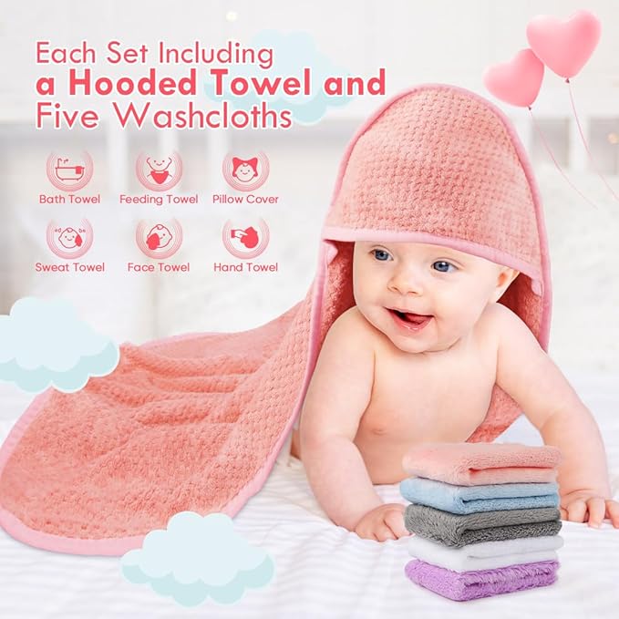 Orighty Baby Hooded Towel with Five Washcloths, 28 x 28 Inch Super Soft Bath Towel with Hood for Babies, Infant, Newborn Essential - Ideal Baby Stuff Registry for Boys and Girls (Pink)