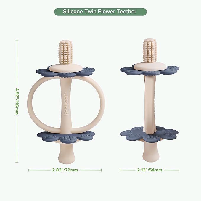 haakaa Silicone Teething Toy,Nipple-Shaped End for Gum Massage,360° Baby Toothbrush Head for Self-Brushing Training,Easy to Grip-Steel Blue