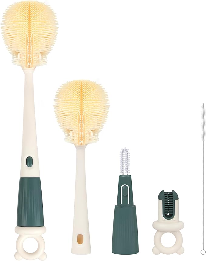 Long Handle Bottle Cleaning Brush Set, 4-in-1 Silicone Baby Bottle Cleaner Brush Kit, Multifunctional Water Bottles Washer for Travel, Baby Bottles, Breast Pump, Spout, Nipple & Straw