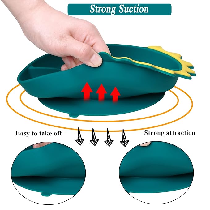 Suction Plates for Baby,Silicone Toddler Plates with Spoon Fork set Divided Dinosaurs Plates Self Feeding Training Baby Dinner Plate-Blue Dinosaurs Plate Set