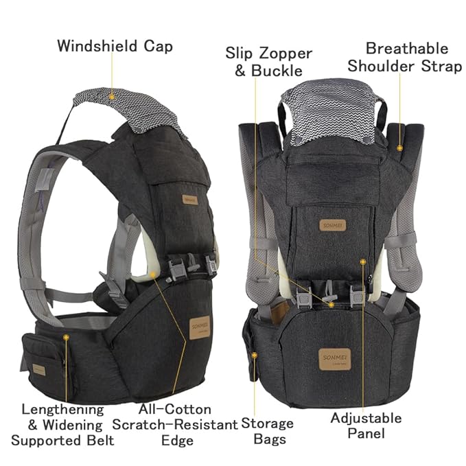 Ergonomic Baby Carrier with Hip Seat, 360° Positions, Soft and Breathable, All Seasons, for Newborns and Toddlers, Hiking Shopping Travelling
