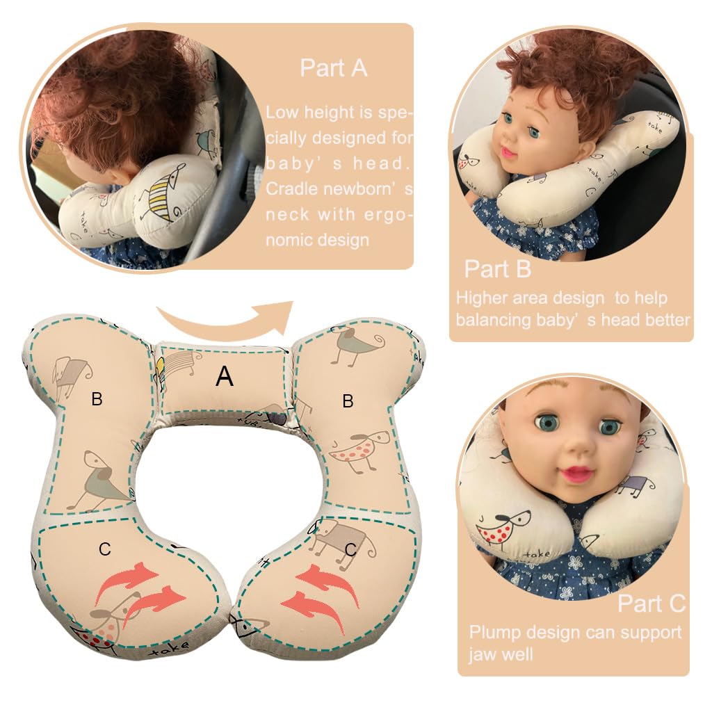 Baby Neck Pillows, Comfortable Baby Travel Head Neck Support for Car Seat Stroller Pushchair, Soft PP Cotton Travel Cushion for 0-1 Year Old Toddler Infant Newborn, Dogs