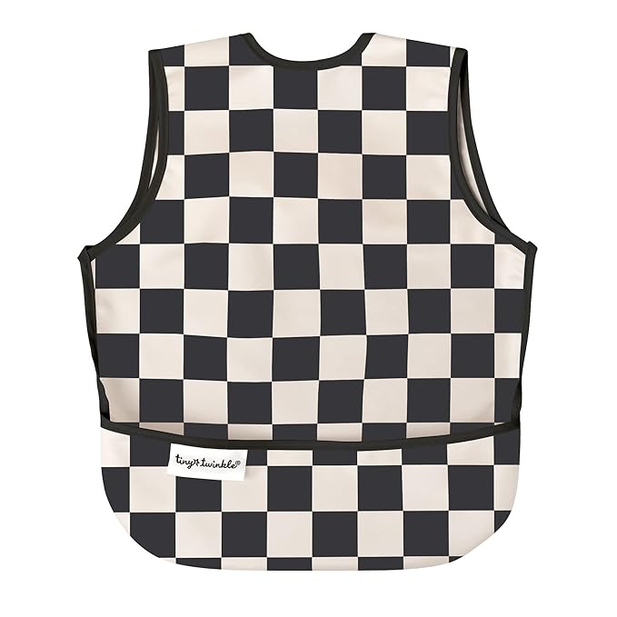Twinkle Short Sleeve Apron Baby & Toddler Bib – Waterproof, Mess-Proof Bibs for Eating & Feeding, Machine Washable, Perfect Holiday Gift (Black Checkers, 6–24M)