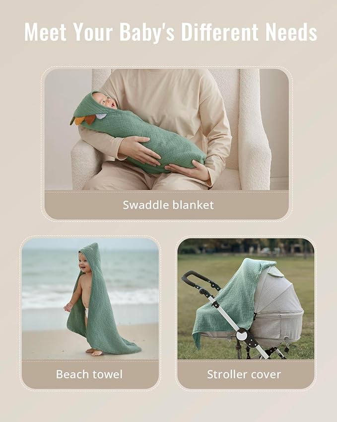 Blissful Diary Muslin Baby Hooded Towel, Soft and Absorbent Bath Towel for Newborn, Infant, Toddler, Unisex, 32″x32″ - Roguish Dino