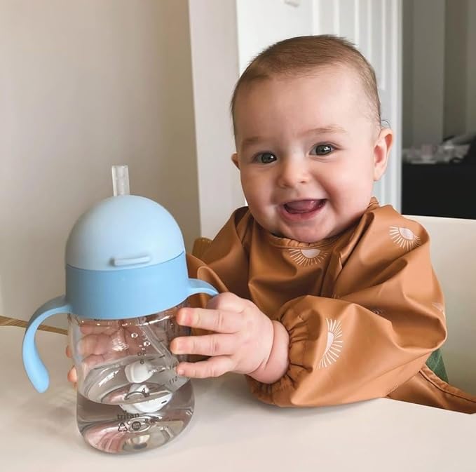 Evorie Tritan Weighted Straw Sippy Cup with Handles for Baby and Toddlers, Spill Proof Baby Water Bottle with Straw for 6 months and up, 7 Oz, Infant Training Water Bottle (Blue)