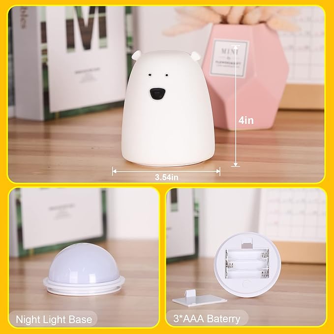 ZKLiLi Night Light for Kids, Cute Night Lamp Battery Powered Night Light for Kids Silicone Soft LED Nightlights, Baby Nursery Squishy Light Birthday Gifts for Girls and Boys (Bear)