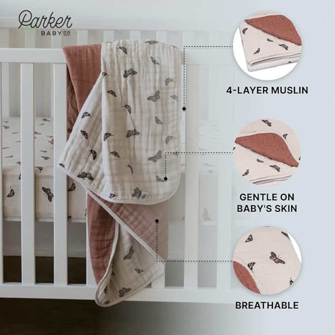Parker Baby Muslin Blanket | 100% Soft Cotton Toddler Quilt & Baby Muslin Swaddle | Gender Neutral Design 47" x 47" Blanket