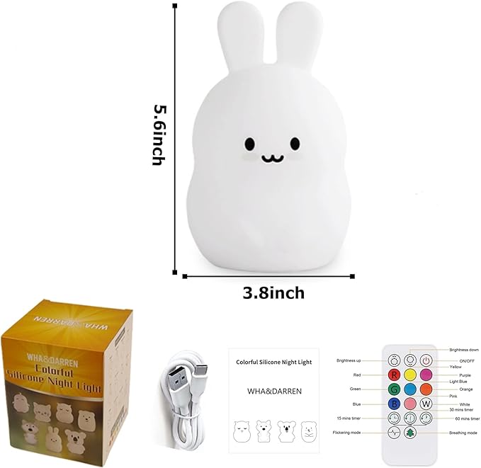 WHA&DARREN Night Light for Kids, Bunny Night Light, Silicone Nursery Light for Baby and Toddler, Animal Night Lights for Girls and Boys, Cute Lamps for Bedroom