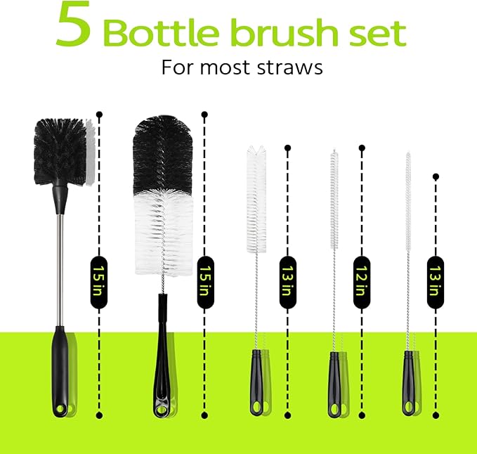 5 Pack Bottle Brush Set, Long Handle Water Bottle Brush, 15in Narrow Bottle Brush, 3 Straw Brushes, Multi-Function Cleaning Brush Suitable for Cleaning Glass, Sports Bottle, Coffee Mug,Black
