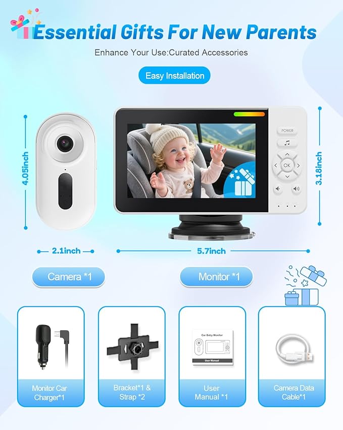 Wireless Baby Car Camera for Newborn Essentials with Auto Night Vision, HD 1080P Car Baby Monitor with 4X Zoom, Easy Install 360° Rotatable Rear Facing Carseat Mirrors
