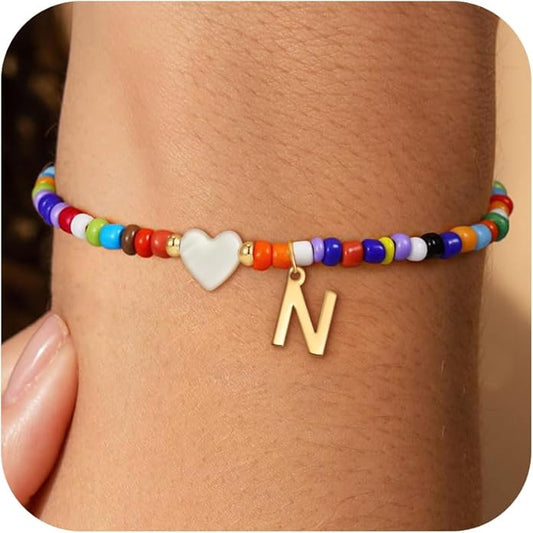 Christmas Gifts for Grandkids Teens Girls - Cute Beaded Heart Initial Bracelets for Women Teen Girl Trendy Stuff, Birthday Gifts Stocking Stuffers for Teen Girls Women Jewelry