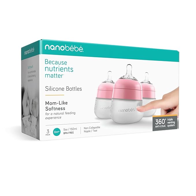 Nanobebe Flexy Silicone Baby Bottle, Anti-Colic, Natural Feel, Non-Collapsing Nipple, Non-Tip Stable Base, Easy to Clean 3-Pack, Pink, 5 oz