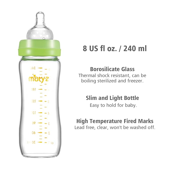 Matyz Glass Breastmilk Baby Feeding Bottle with Nipple, 4 Pack, 8 oz Slim and Light Bottle Easy to Hold, Food Grade Borosilicate Glass, Wide Neck Easy to Clean, No BPA (Green Lids)