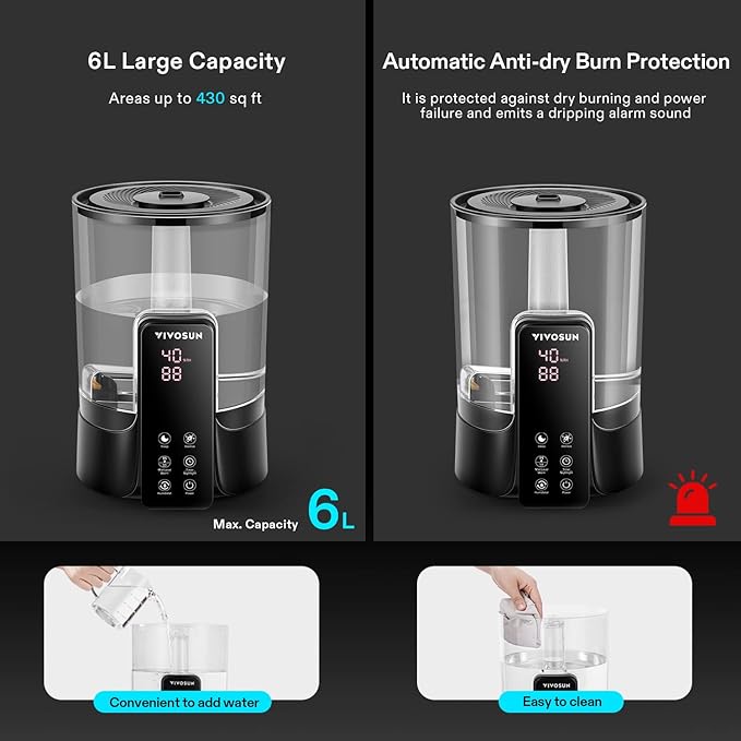 VIVOSUN 6L 2-in-1 Cool & Warm Mist Ultrasonic Humidifier with Essential Oil Box & Remote Control for Bedrooms, Offices, Plants, Dryness, and Skincare