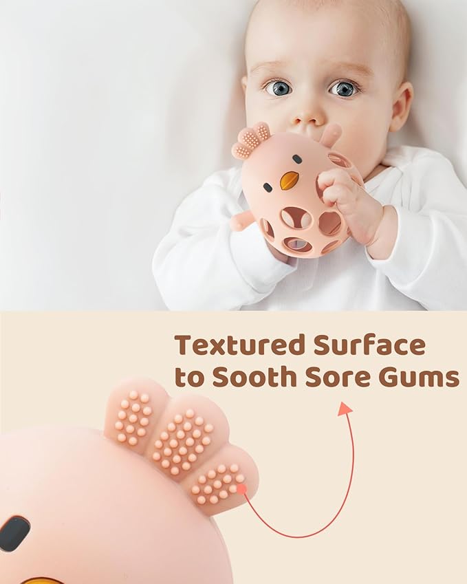 2-in-1 Baby Teething Rattle Toy, Sensory Grasping Teether for Infants 3-12 Months, 100% Food-Grade Silicone, Easy to Hold, Soothing & Developmental, BPA Free