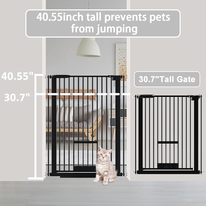 40.55" Tall 1.37" Ultra Narrow Spacing Dogs Pets Baby Gate with Door for Doorway Cat Safety Proof Indoor 73.43"-81.30" Extra Wide Puppy Pressure Mounted No Drill White Black Metal Hallway