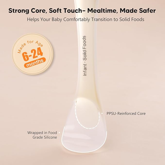 Silicone Baby Spoons 2-Pack with Case, Self Feeding 6 Months, Baby Led Weaning Supplies, Toddler Utensils with Safety Chain, Toddler Essentials, Dishwasher Safe Baby Safety Products