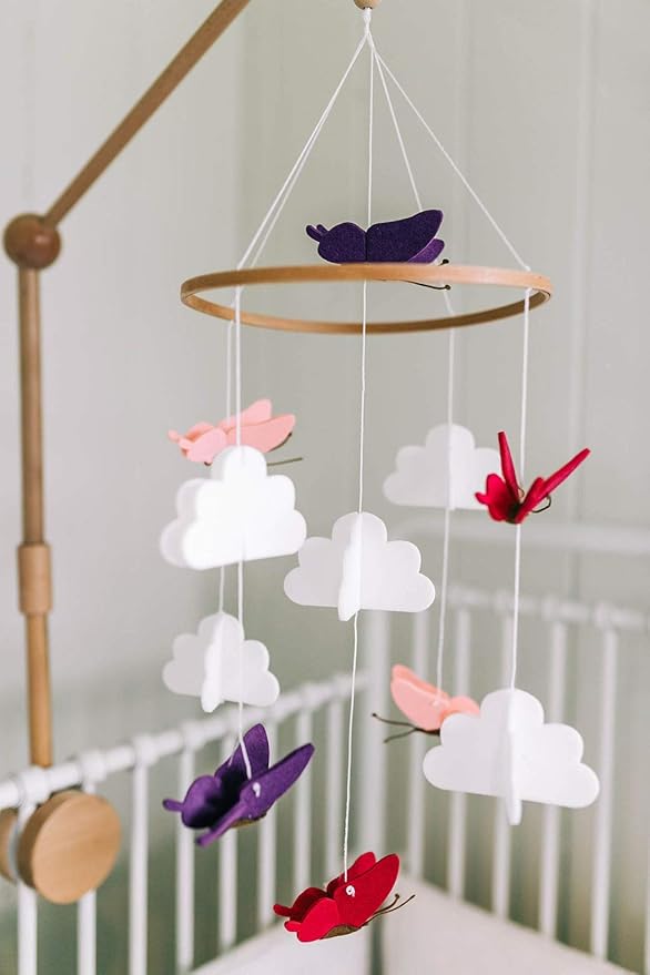 Sorrel + Fern Baby Crib Mobile - Butterflies in The Clouds Nursery Crib Decoration for Girls & Boys - Pink & Purple